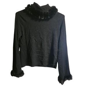Vintage Escapade Black Fur Collared Turtleneck Sweater Size Medium